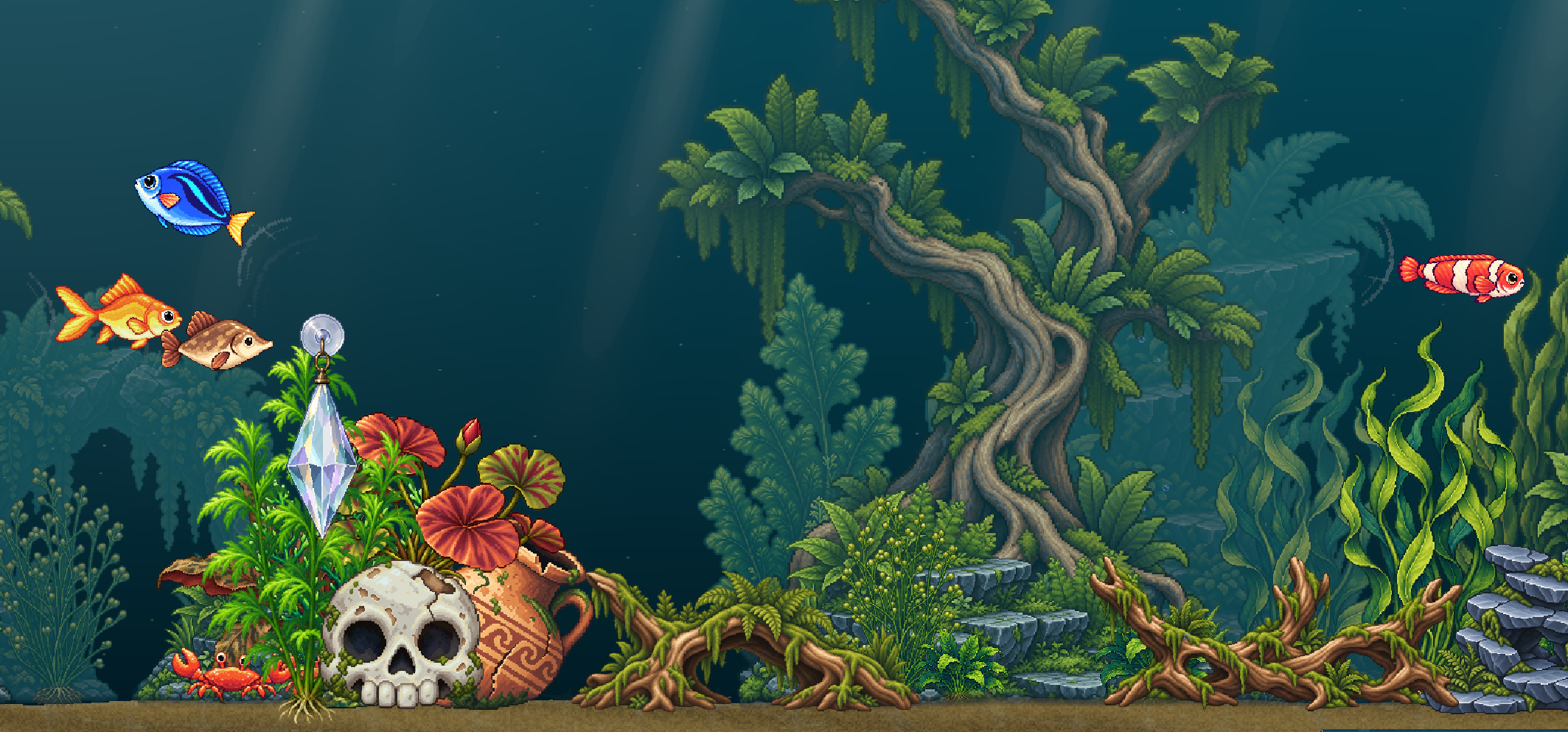 ProtoTank: colourful fish swimming around a planted aquarium with twisted roots, a crystal, and a skull decoration.